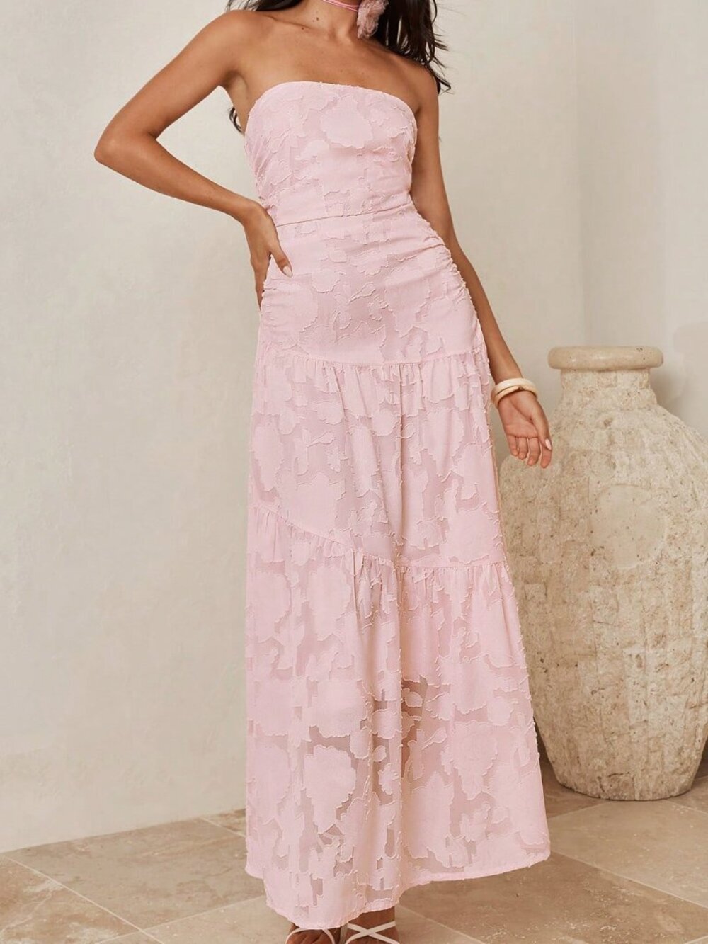 Pink Elegant Women's Romantic Jacquard Maxi Tube Dress - Picture 7 of 9